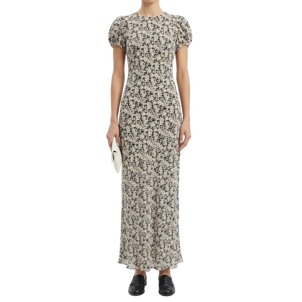 Navy Blue Cream Floral Puff Sleeve Maxi Dress Button Back Column Gown